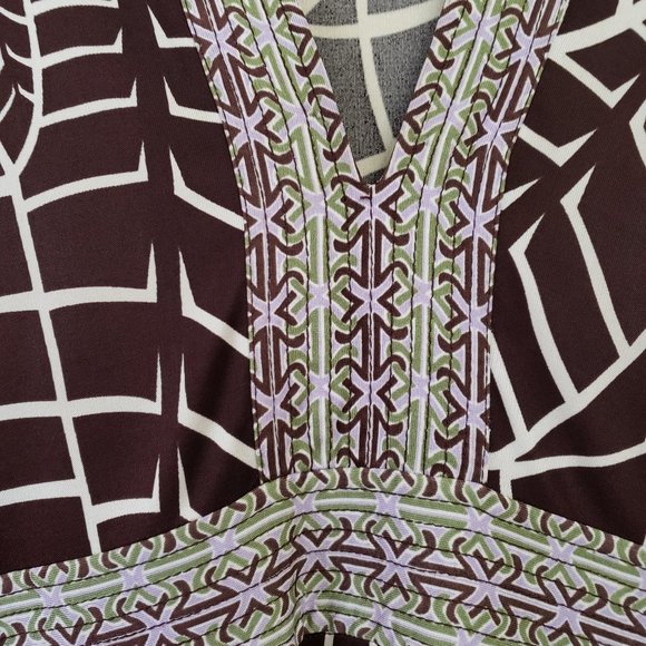 TORY BURCH Brown Abstract Banana Leaf Print V Quarter Empire Silk Sheath Dress M - Picture 5 of 16